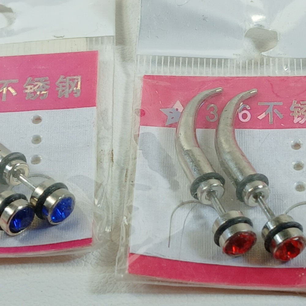 Vintage 90s 316L Steel 14G Faux Taper Claw Earrings Red Blue Rhinestone 2 Pair - Picture 13 of 14